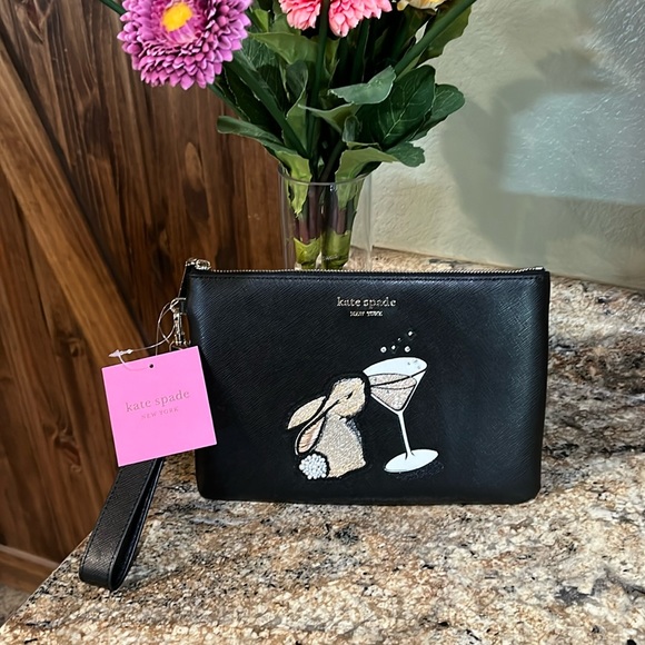 Kate Spade NWT BunBun Bunny Saffiano Leather Pouch Wristlet Black